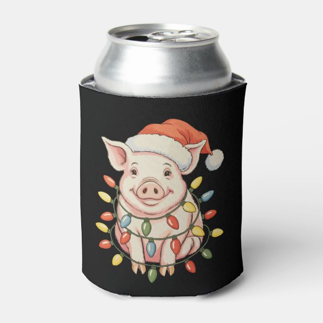 Christmas Pig Xmas Lights Santa Hay Holiday Season Can Cooler (Can Front)