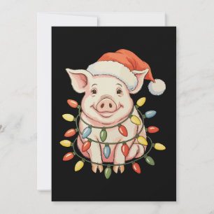 Christmas Pig Xmas Lights Santa Hay Holiday Season Card