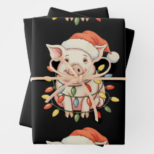Christmas Pig Xmas Lights Santa Hay Holiday Season Wrapping Paper Sheet
