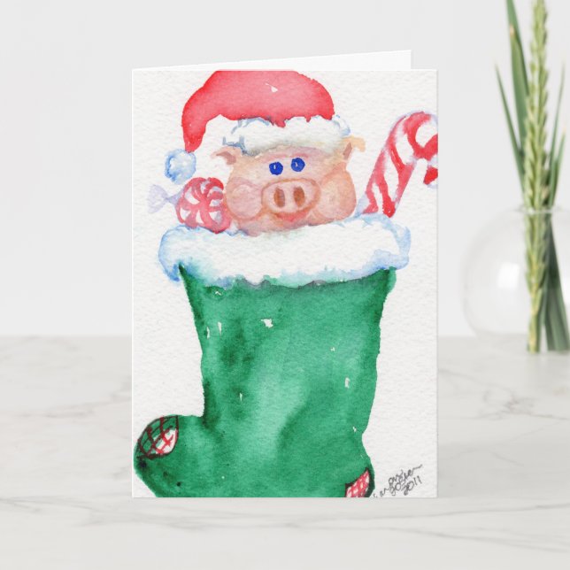 Christmas Piggy in a Stocking Card (Front)