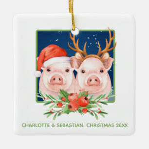 Christmas Pigs Cute Santa and Reindeer Couple Ceramic Ornament