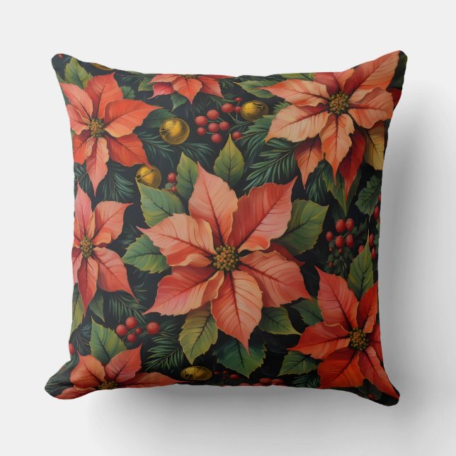 Christmas Pillow – Poinsettias & Holiday Decor (Front)