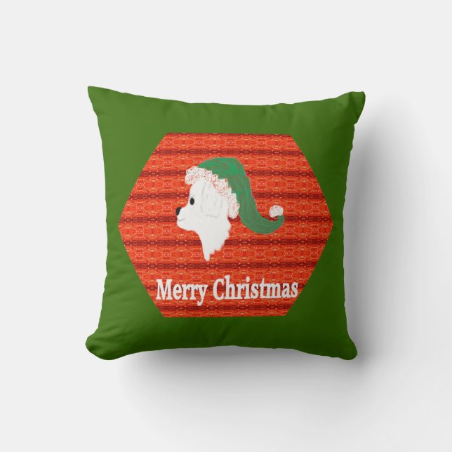 Christmas Pillow, White Dog in Green Santa Hat Cushion (Front)