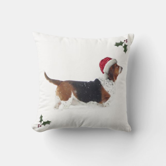 Christmas Pillow with Basset Hound in Santa Hat (Front)