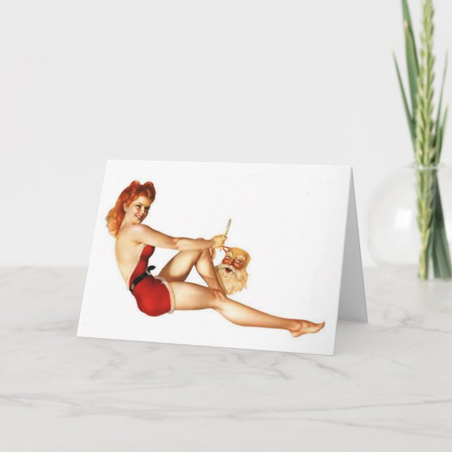 Christmas Pin-Up Girl with Santa Mask Holiday Card (Front)