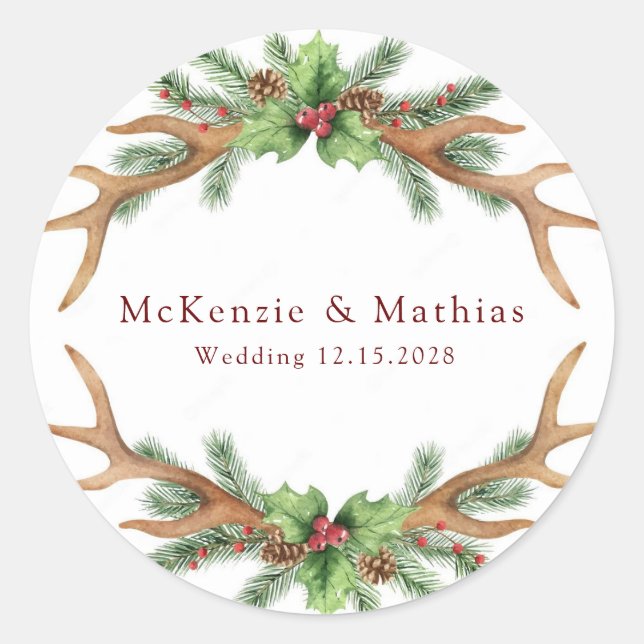 Christmas Pine and Deer Antlers Wedding Classic Round Sticker (Front)