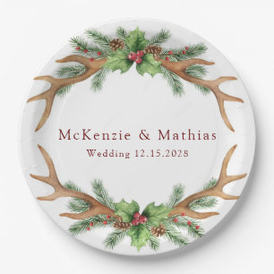 Christmas Pine and Deer Antlers Wedding Paper Plate