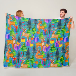 Christmas pine and deer pattern fleece blanket