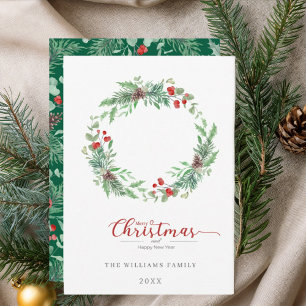 Christmas Pine and Holly  wreath Flat Holiday Card