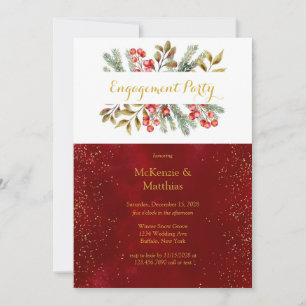 Christmas Pine Berry Burgundy Gold Engagement Part Invitation