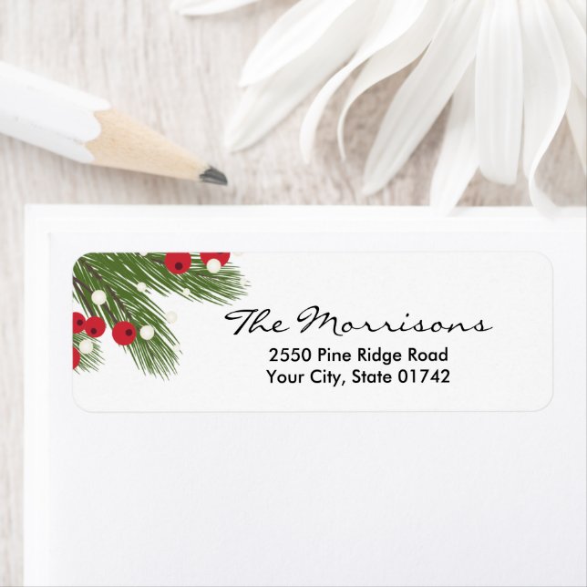 Christmas Pine & Berry Custom White Return Address Label (Insitu)
