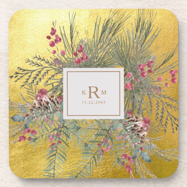 Christmas Pine Botanical Gold Monogram  Coaster (Front)