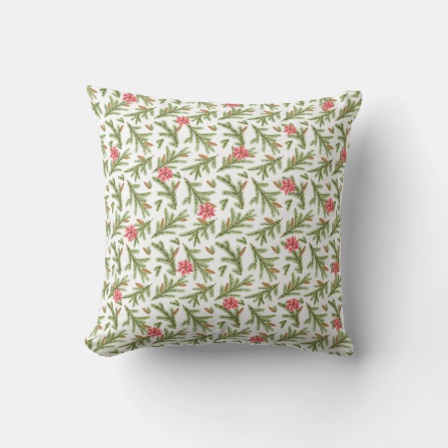 Christmas Pine Boughs and Poinsettias Cushion (Front)