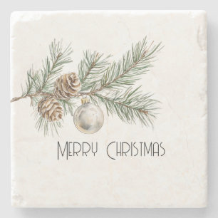 Christmas Pine Cones Branch and Ornament Stone Coaster