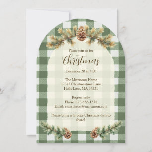 Christmas Pine Cones Branches Green Gingham Arch Invitation