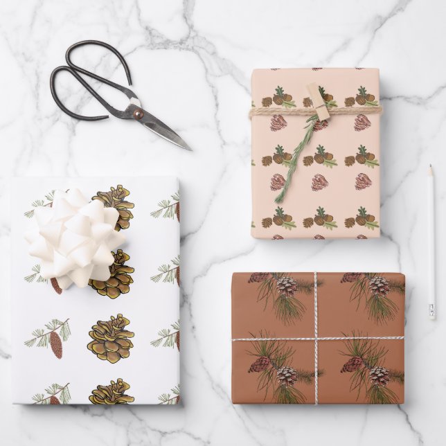 Christmas Pine Cones & Branches Red Pink Patterns Wrapping Paper Sheet (Front)