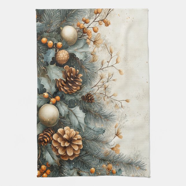  Christmas Pine Cones Holly Gold Ornaments Tea Towel (Vertical)