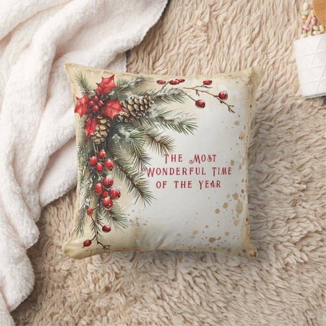 Christmas Pine Cones Holly Red Berries Cushion (Blanket)