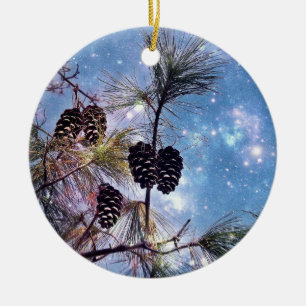 Christmas Pine cones under a starry night sky Ceramic Tree Decoration