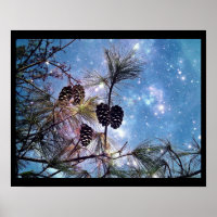Christmas Pine cones under a starry night sky