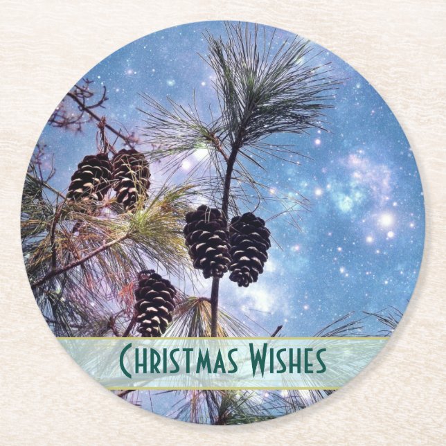 Christmas Pine cones under a starry night sky Round Paper Coaster (Front)