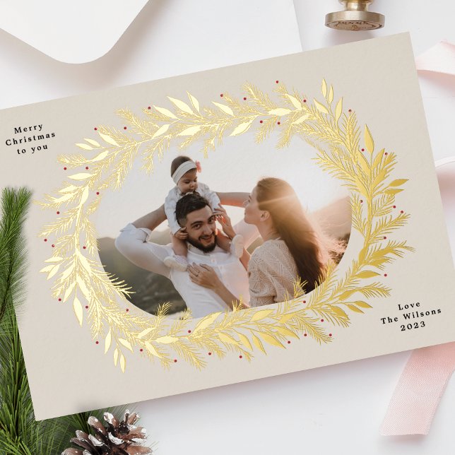 christmas pine frame wreath elegant photo Gold Foil Holiday Card (Creator Uploaded)