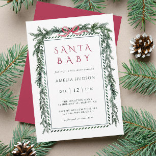 Christmas Pine Garland Santa Baby Shower Invitation