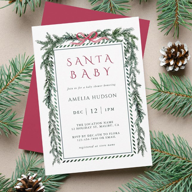 Christmas Pine Garland Santa Baby Shower Invitation (Creator Uploaded)