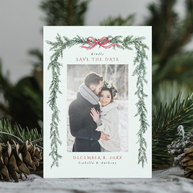 Christmas Pine Garland Wedding Mint Green Photo Save The Date (Creator Uploaded)