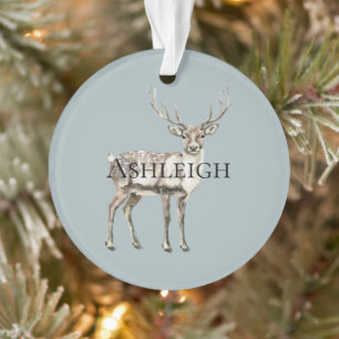 Christmas Pine Green Rustic Deer Name Ornament