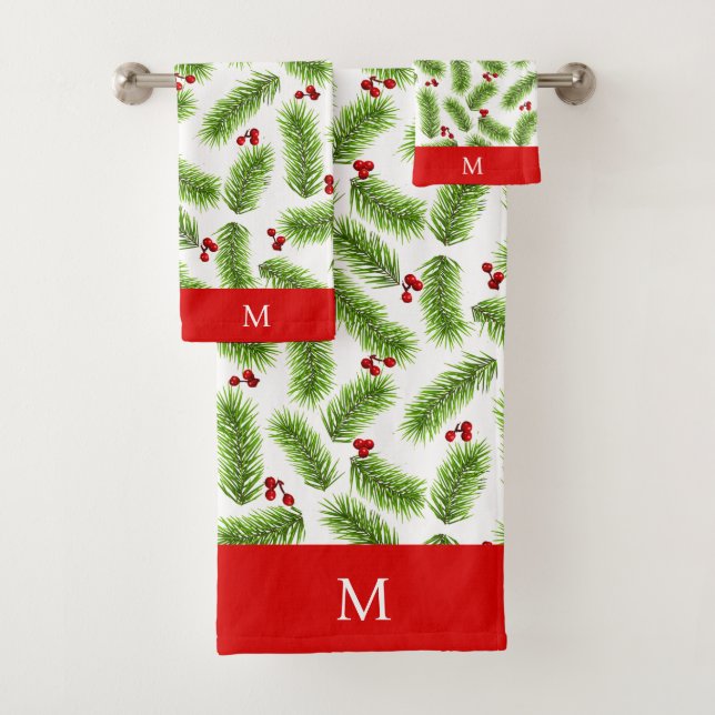 Christmas Pine Leaves and Berries on Monogrammed Bath Towel Set (Insitu)