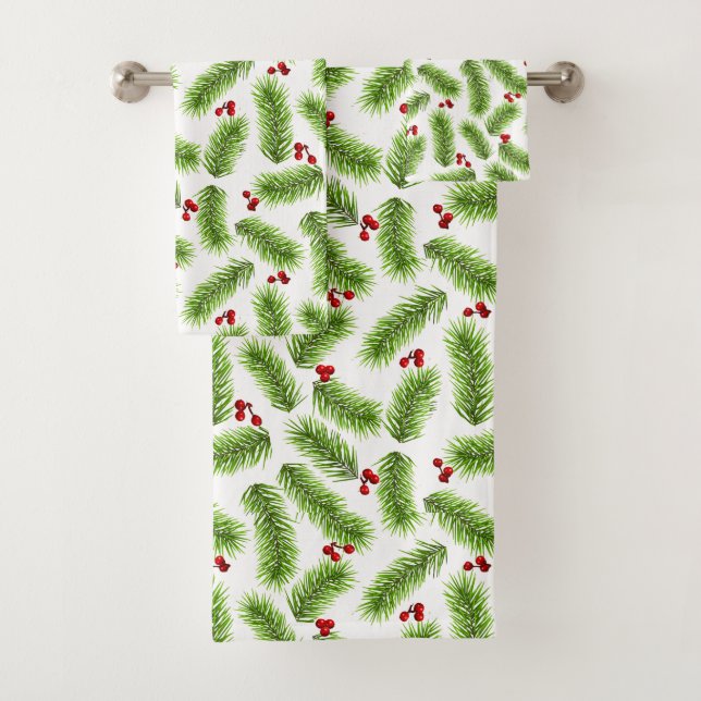 Christmas Pine Leaves and Berries on White Bath Towel Set (Insitu)