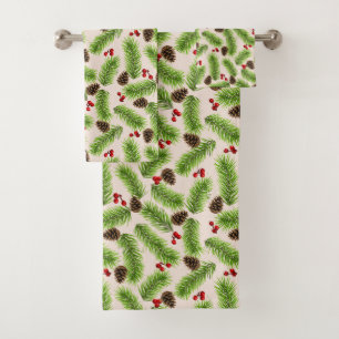 Christmas Pine Leaves, Cones and Berries on Beige Bath Towel Set