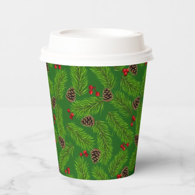 Christmas Pine Leaves, Cones & Berries Paper Cups (Front)