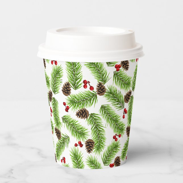 Christmas Pine Leaves, Cones & Berries Paper Cups (Front)