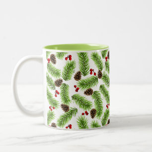 Christmas Pine Leaves, Cones & Berries Two-Tone Coffee Mug