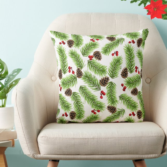 Christmas Pine Leaves, Cones & Red Berries Cushion (Creator Uploaded)