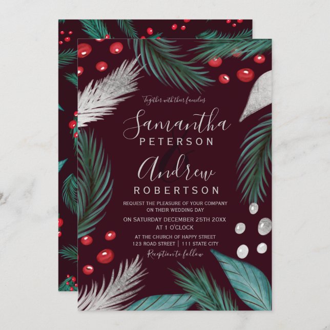 Christmas pine mistletoe silver burgundy wedding invitation (Front/Back)