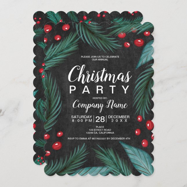 Christmas pine mistletoe watercolor chalkboard invitation (Front/Back)