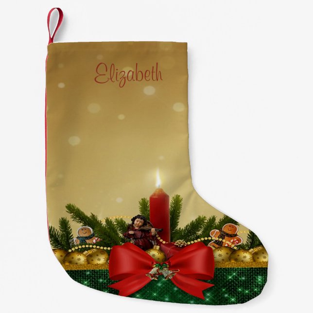 Christmas Pine Tree Branchs,Red Bow, Candle,Balls Small Christmas Stocking (Front)