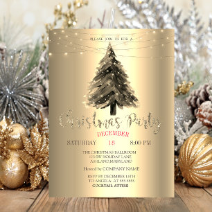 Christmas Pine Tree, Gold Christmas Company Party Invitation