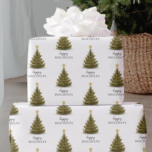 Christmas Pine Tree Happy Holidays Typography Wrapping Paper (Creator Uploaded)