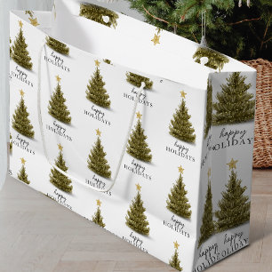 Christmas Pine Tree Happy Holidays Typograpy  Large Gift Bag