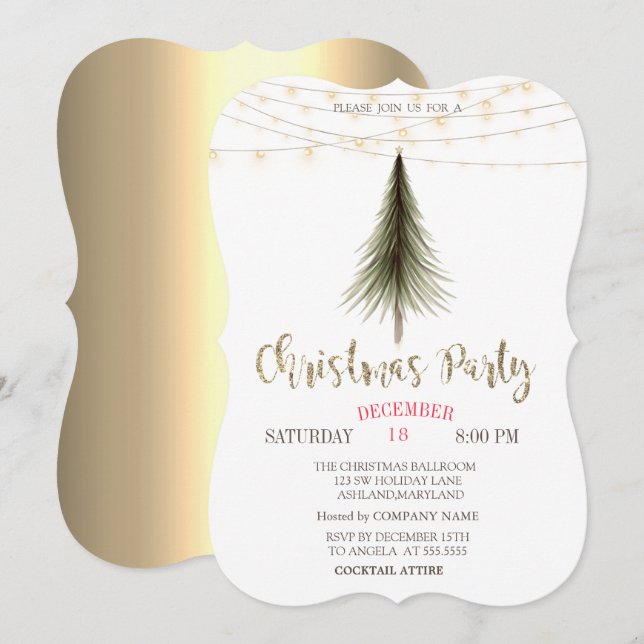 Christmas Pine Tree,Lights Gold Christmas Party  Invitation (Front/Back)