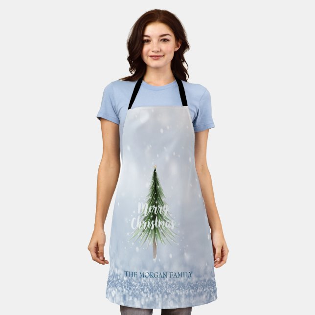 Christmas Pine Tree Merry Christmas Blue Holiday  Apron (Worn)