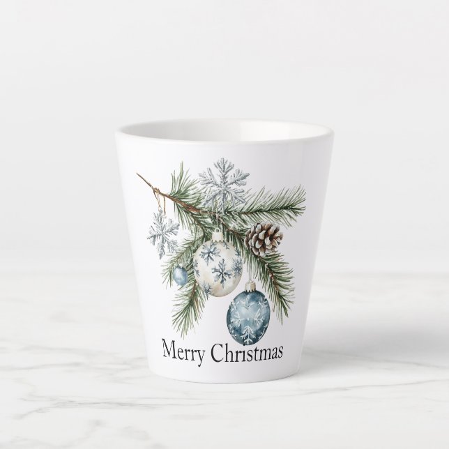 Christmas Pine Tree Snowflake Blue White Ornaments Latte Mug (Front)