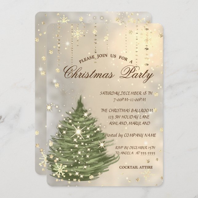  Christmas Pine Tree,Snowflakes Christmas Party Invitation (Front/Back)