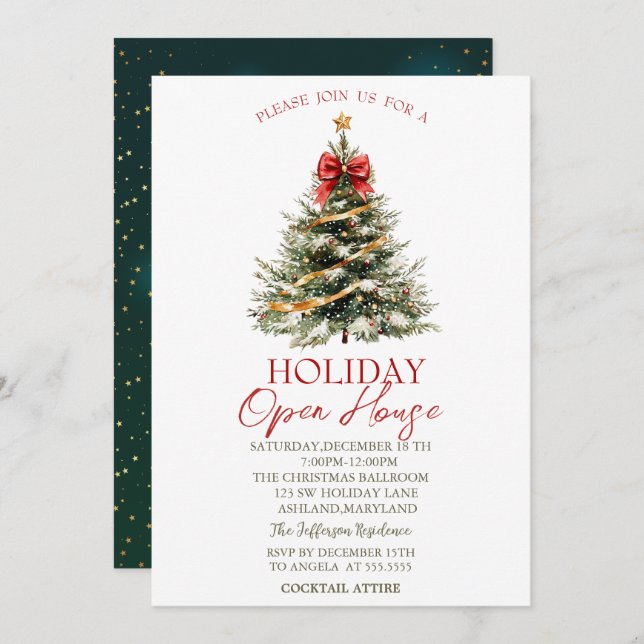 Christmas Pine Tree Stars Green Holiday Open House Invitation (Front/Back)