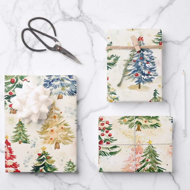 Christmas Pine Trees Colourful Wrapping Paper Shee (Front)