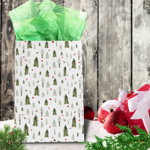 Christmas Pine Trees Green Red Rustic Watercolor Medium Gift Bag